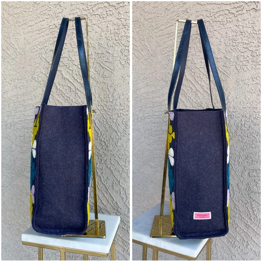 KATE SPADE Blue Purple Kitt North South Floral Felt Tote Bag & Matching Pouch